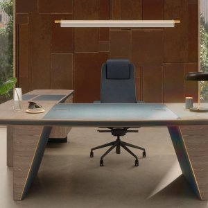 Conical double-shell side of the iSixty desk, ash outside and leather inside
