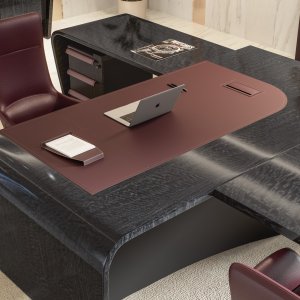 Round meeting table Mithos with curved leather sides