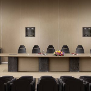 Modern office table Omega in ebony dyed oak with saddle-stitched leather legs