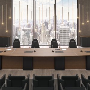 Semi-oval AlfaOmega conference table for ten with full-height back panel