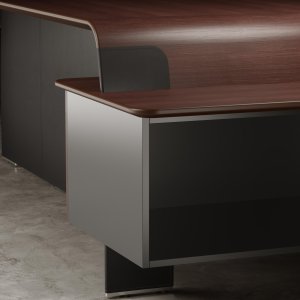 Soundoffice touch controls on the leather desk pad of an AlfaOmega desk