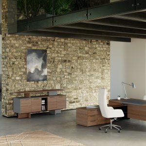 Extension of the One desk with glass shelves, laptop bay and bag bay