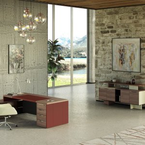 Luxury executive table One by Codutti in natural walnut with hide sides and glass top