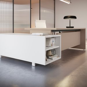 Cable basket hooked to the beams of the GO desk