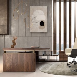 Padded eco-leather strips inside the modesty panel of the Narciso desk