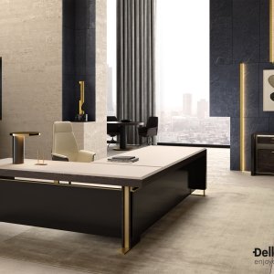 Bellagio desk from the I Rovereschi collection with brass-coloured ring under the top