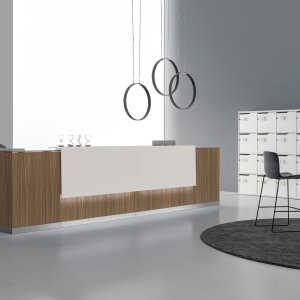 Qubo reception desk by DVO Office in natural oak with white counter top