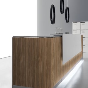 LED bar with touch dimmer under the top of a Qubo desk