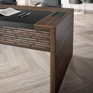 Grey elm e-10 desk with full-height modesty panel