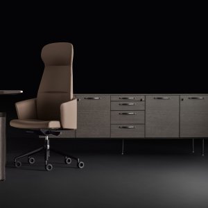 Eleva table docked to its oak service credenza