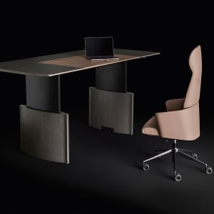 Eleva executive table by Bralco in oak with stitched leather writing zone