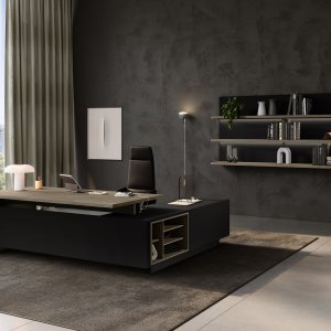 Black aluminium top-access with dual-opening flap on an Elite conference table
