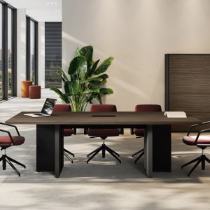 Elite modern office table by Las Mobili in Light Poplar with built-in power beam for an Indian corporate office
