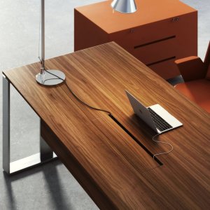 Designer office table Altagamma with a Pelle Soft top in stitched panels and a faced modesty panel