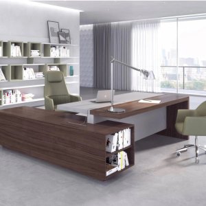 Ducale executive table by Estel with the service unit across the end and shelving behind
