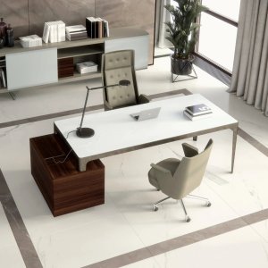 Rectangular meeting table by Estel with central cable column and top access doors in a row