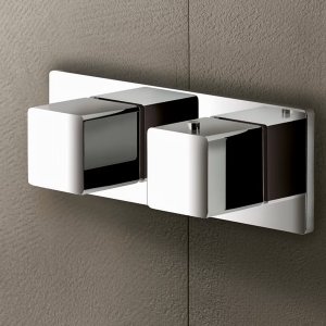 Shower area with Fantini Acquafit overhead, three-outlet thermostat and hand shower set