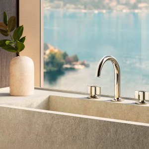 Fantini Flora thermostatic mixer with diverter on a tiled shower wall
