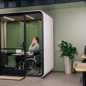 Framery Four profile view with door open wide