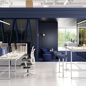 Be.1 pedestals beside a workstation