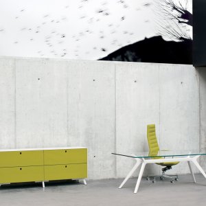 Calacatta stoneware top with glass under-top on the DR desk