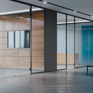 Blind panels closing a run of the office partition system
