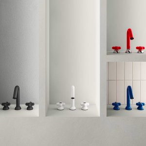 Italian bathroom fittings by Fantini, I Balocchi wall-mounted basin mixer in blue on stone