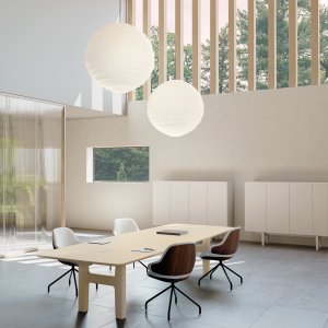 Robin Rizzini Hito table with eucalyptus veneer top and thick wood edge