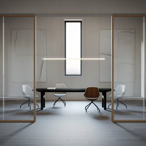 Executive floor furnished with Hito desks, credenzas and upholstered bench