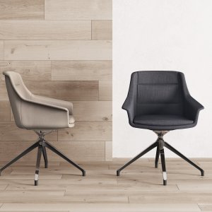 Jera visitor chair on die-cast pyramid base with chromed sled version beside it