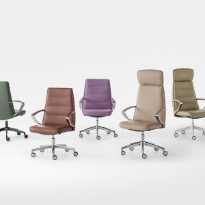 Klivia by Kastel, high-back boss chair covered in taupe faux leather, director’s table