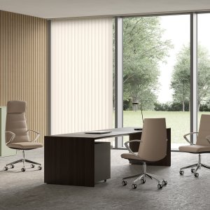 Grey fabric covers this medium-back Klivia, front view