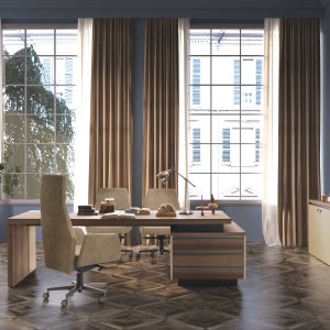 Composition with desk, pedestal and return