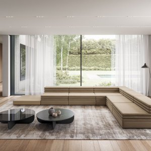 Lacquered low table of the Acamante range standing between two seat modules