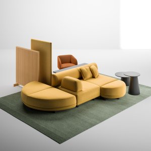 Node+ island seat of 180 × 180 cm with padded backrests in a reception hall