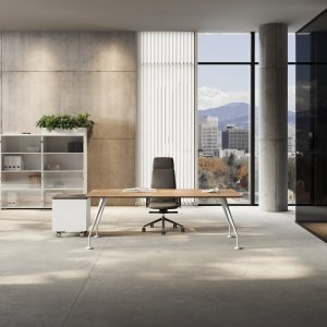 Énosi designer office table by Las Mobili with Extra White glass top and chrome conical legs