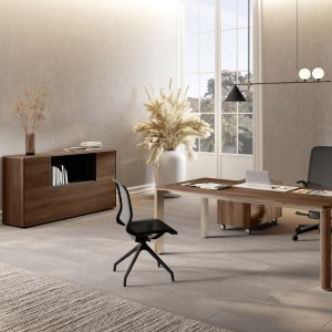 Circular Iulio meeting table on a tapered Inox Grey column base