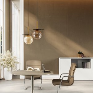 MD cabin furnished with the Iulio system: desk, meeting table and storage wall
