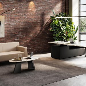 Monolith director table by Las Mobili with White Calacatta ceramic top for a modern MD cabin