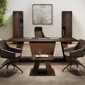 Monolith table in Bali Walnut 3d-foil with Terracotta steel frame for an executive cabin