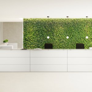 Operator side of the Nice reception counter with cable tray and lockable storage