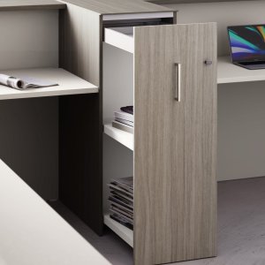 Nice reception counter by Las Mobili with LED-backlit front bands and satin chrome profiles