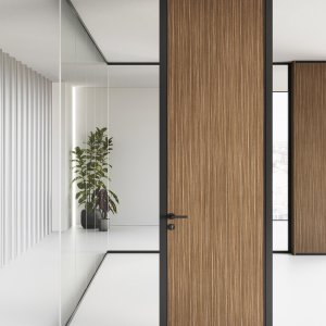 B1 wood swing door in aluminium frame of the Mood partition system