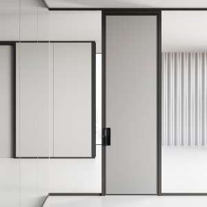 Full-height all-glass Mood door with concealed hinges