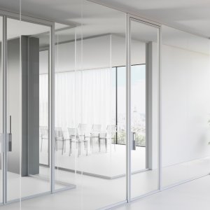 External sliding glass door of the Mood system with concealed upper rail