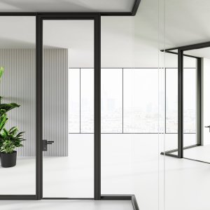 Push-bar antipanic handle on a Mood glass door