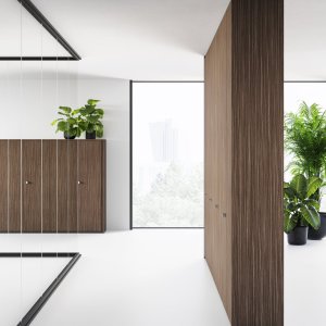 Satin-finish glass panels of the Mood wall screening a private office