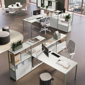 Sigma workstation system by Las Mobili with bench desks on square steel legs