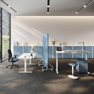 UP height-adjustable operative desk by Las Mobili with black telescopic T legs