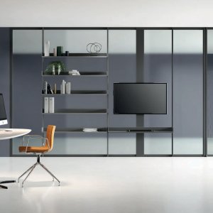 Simple Bold glass door aligned with the wall profiles